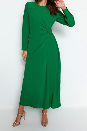 Moda Regular Casual Günlük Aerobin Dokuma Bisiklet Yaka Uzun Kol A-Line Maxi Boy Tesettür Elbise