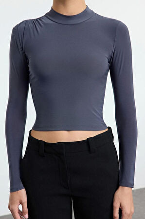 Stil Kadın Fitted Vücuda Oturan Kol Büzgülü Esnek Bluz Crop Örme Slim Kalıp