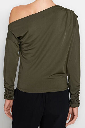 Moda Asimetrik Yaka Örme Regular Düz Desen Resmi Regular Uzun Kol Bluz