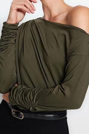 Moda Asimetrik Yaka Örme Regular Düz Desen Resmi Regular Uzun Kol Bluz