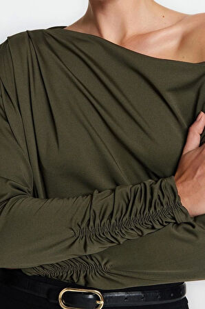 Moda Asimetrik Yaka Örme Regular Düz Desen Resmi Regular Uzun Kol Bluz