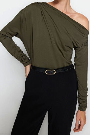 Moda Asimetrik Yaka Örme Regular Düz Desen Resmi Regular Uzun Kol Bluz