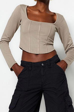 Moda Kare Yaka Örme Slim Düz Desen Casual Günlük Crop Uzun Kol Bluz