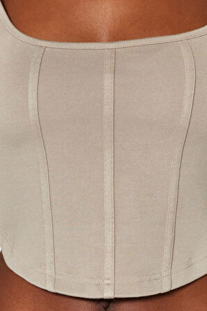 Moda Kare Yaka Örme Slim Düz Desen Casual Günlük Crop Uzun Kol Bluz