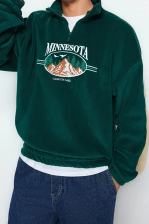 Unisex Tarz Oversize Dik Yaka Standart Kol Standart Geniş Kesim Fermuarlı Polar Sweatshirt