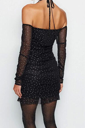 Moda Fitted Mini Boy Puantiyeli Vücuda Oturan Astarlı Drapeli Örme Tül Kısa Şık Abiye Elbise