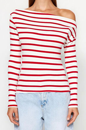 Moda Kayık Yaka Örme Slim Çizgili Desen Casual Günlük Regular Uzun Kol Bluz