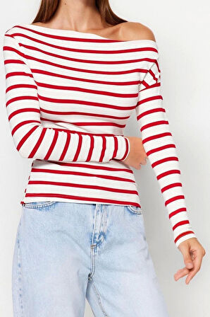 Moda Kayık Yaka Örme Slim Çizgili Desen Casual Günlük Regular Uzun Kol Bluz