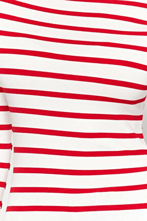 Moda Kayık Yaka Örme Slim Çizgili Desen Casual Günlük Regular Uzun Kol Bluz