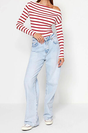 Moda Kayık Yaka Örme Slim Çizgili Desen Casual Günlük Regular Uzun Kol Bluz