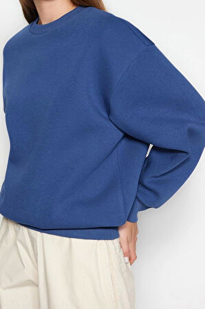 Regular Bisiklet Yaka Düşük Kol Regular Kalın İçi Polarlı Normal Kalıp Basic Örme Sweatshirt