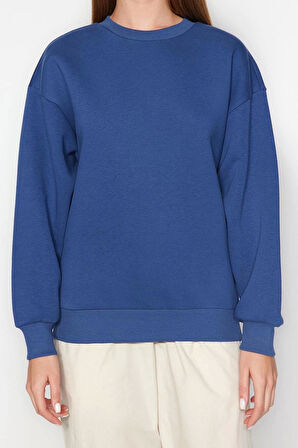 Regular Bisiklet Yaka Düşük Kol Regular Kalın İçi Polarlı Normal Kalıp Basic Örme Sweatshirt