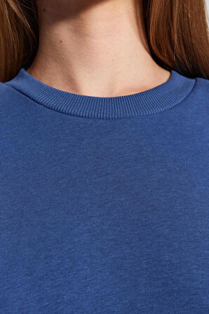 Regular Bisiklet Yaka Düşük Kol Regular Kalın İçi Polarlı Normal Kalıp Basic Örme Sweatshirt