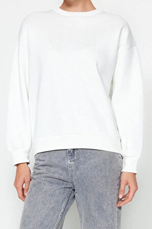 Regular Bisiklet Yaka Düşük Kol Regular Kalın İçi Polarlı Normal Kalıp Basic Örme Sweatshirt