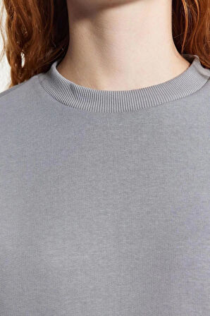 Regular Bisiklet Yaka Düşük Kol Regular Kalın İçi Polarlı Normal Kalıp Basic Örme Sweatshirt