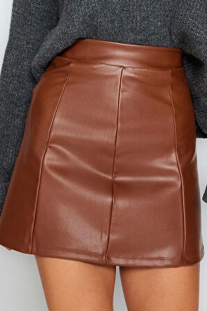 Modern Tarz Astarsız Örme Mini Boy Suni Deri Yüksek Bel Etek