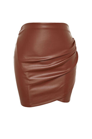 Modern Tarz Astarsız Örme Mini Boy İçi Şardonlu Suni Deri Drapeli Yüksek Bel Vücuda Oturan Etek