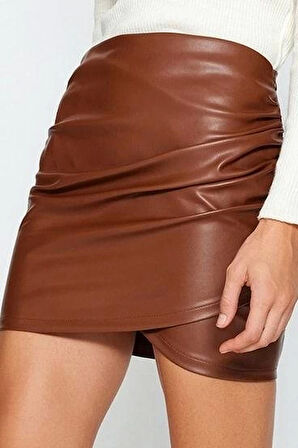 Modern Tarz Astarsız Örme Mini Boy İçi Şardonlu Suni Deri Drapeli Yüksek Bel Vücuda Oturan Etek