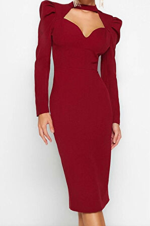 Moda Stil Fitted Dik Yaka Midi Boy Vücuda Oturan Dokuma Şık Abiye Elbise