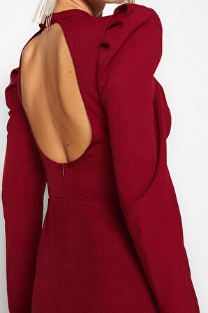 Moda Stil Fitted Dik Yaka Midi Boy Vücuda Oturan Dokuma Şık Abiye Elbise