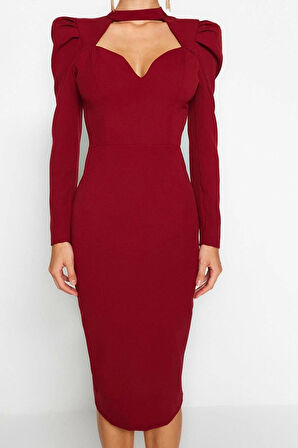 Moda Stil Fitted Dik Yaka Midi Boy Vücuda Oturan Dokuma Şık Abiye Elbise