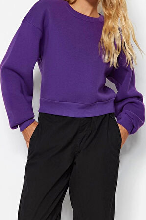 Tarz Crop Dik Yaka Düşük Kol Crop Rahat Kesim Crop Basic Kalın İçi polarlı Örme Sweatshirt