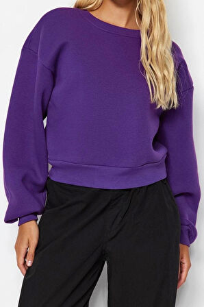 Tarz Crop Dik Yaka Düşük Kol Crop Rahat Kesim Crop Basic Kalın İçi polarlı Örme Sweatshirt