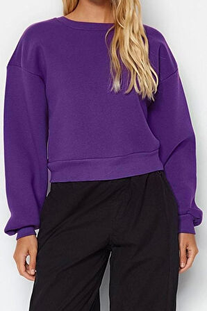 Tarz Crop Dik Yaka Düşük Kol Crop Rahat Kesim Crop Basic Kalın İçi polarlı Örme Sweatshirt