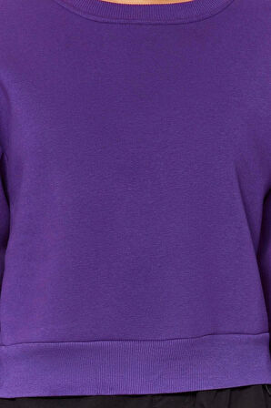 Tarz Crop Dik Yaka Düşük Kol Crop Rahat Kesim Crop Basic Kalın İçi polarlı Örme Sweatshirt