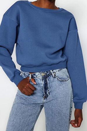 Tarz Crop Dik Yaka Düşük Kol Crop Rahat Kesim Crop Basic Kalın İçi polarlı Örme Sweatshirt