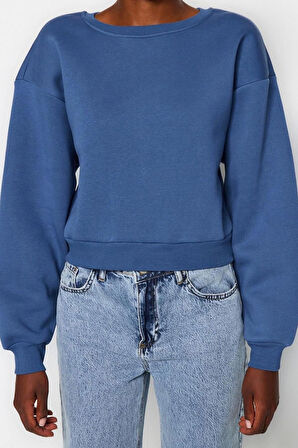 Tarz Crop Dik Yaka Düşük Kol Crop Rahat Kesim Crop Basic Kalın İçi polarlı Örme Sweatshirt