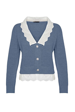 Stil Modern Kadın Regular Reglan Kol V Yaka Crop Dokuma Garni Detaylı Triko Hırka