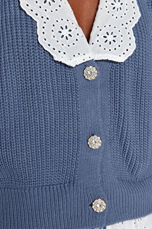 Stil Modern Kadın Regular Reglan Kol V Yaka Crop Dokuma Garni Detaylı Triko Hırka