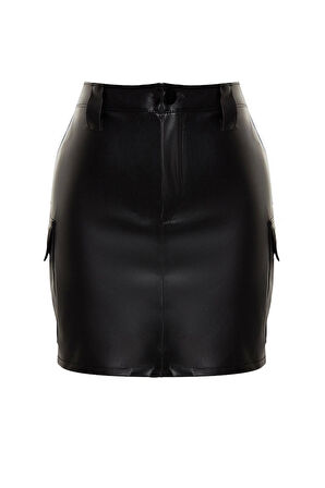 Modern Tarz Astarsız Örme Mini Boy Suni Deri Kargo Cepli Yüksek Bel Vücuda Oturan Mini Etek