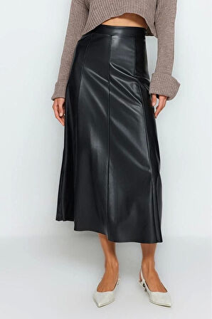 Moda Regular Düz Desen Gündüz Gece Maxi Boy Suni Deri Yüksek Bel Maxi Etek