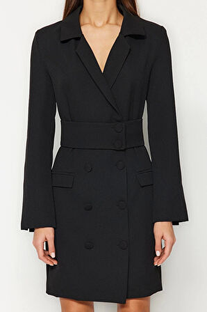 Moda Stil Regular Ceket Yaka Mini Boy Kemerli Dokuma Düğme Detaylı Dokuma Elbise