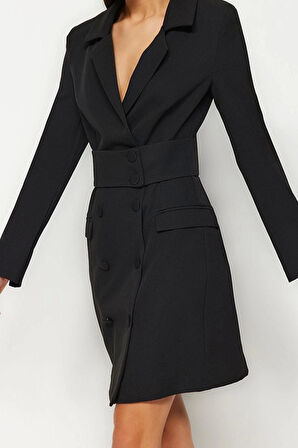 Moda Stil Regular Ceket Yaka Mini Boy Kemerli Dokuma Düğme Detaylı Dokuma Elbise