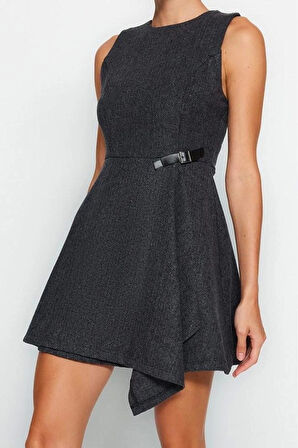 Moda Stil Regular Bisiklet Yaka Mini Boy A Kesim Eteği Asimetrik Dokuma Elbise