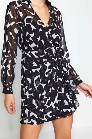 Moda Regular Gündüz Gece Şifon Dokuma Gömlek Yaka Uzun Kol Kruvaze Mini Boy Elbise