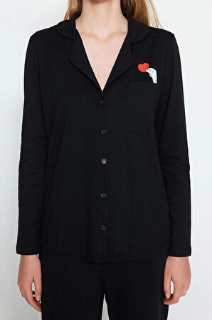 Tarz Rahat Uzun Kollu Boru Paça Pamuklu Kalp Baskılı Gömlek-Pantolon Örme Pijama Takımı