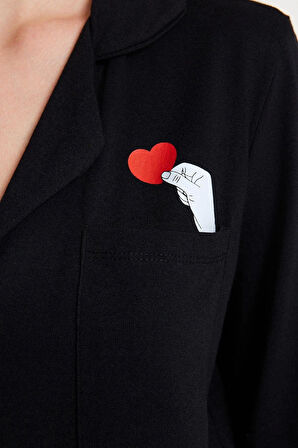 Tarz Rahat Uzun Kollu Boru Paça Pamuklu Kalp Baskılı Gömlek-Pantolon Örme Pijama Takımı