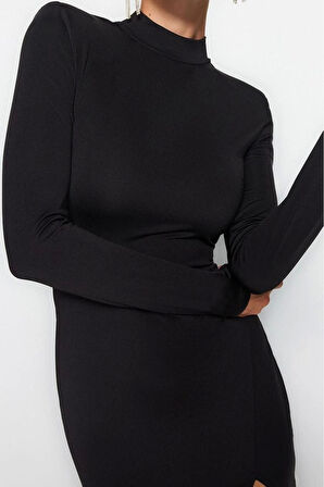 Moda Stil Fitted Dik Yaka Mini Boy Vücuda Oturan Örme Kısa Şık Abiye Elbise