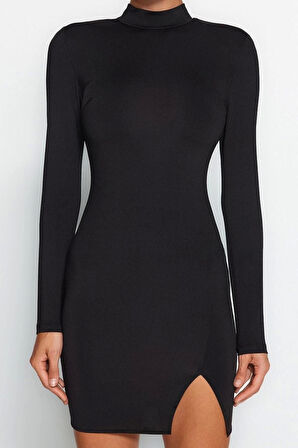 Moda Stil Fitted Dik Yaka Mini Boy Vücuda Oturan Örme Kısa Şık Abiye Elbise