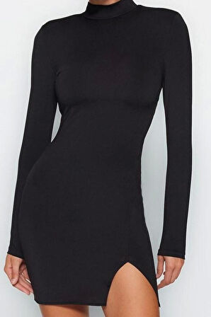 Moda Stil Fitted Dik Yaka Mini Boy Vücuda Oturan Örme Kısa Şık Abiye Elbise