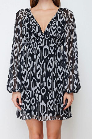 Moda Regular Gündüz Gece Şifon Dokuma V Yaka Uzun Kol A-Line Mini Boy Elbise