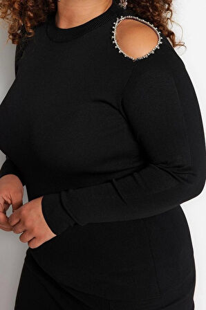 Moda Büyük Beden Dik Yaka Triko Fit Düz Desen Şık gece Regular Uzun Kol Bluz