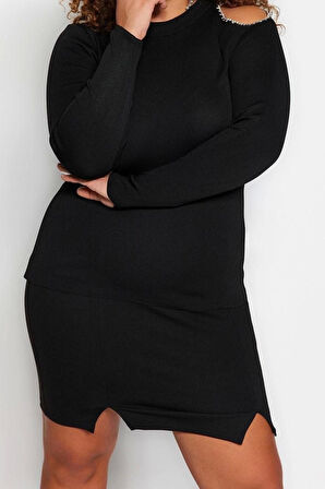 Moda Büyük Beden Dik Yaka Triko Fit Düz Desen Şık gece Regular Uzun Kol Bluz