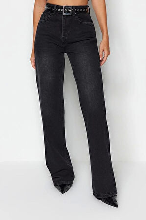 Stil Kadın Moda Denim Kot Pantolon Uzun Geniş Paça Gri Yüksek Bel Jeans