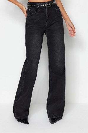 Stil Kadın Moda Denim Kot Pantolon Uzun Geniş Paça Gri Yüksek Bel Jeans