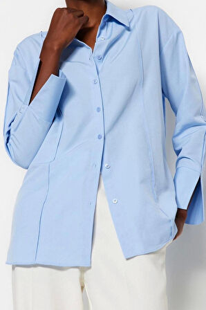 Moda Kadın Gömlek Yaka Resmi Nervür Detaylı Kolları Yırtmaçlı Oversize Geniş Kesim Dokuma Gömlek